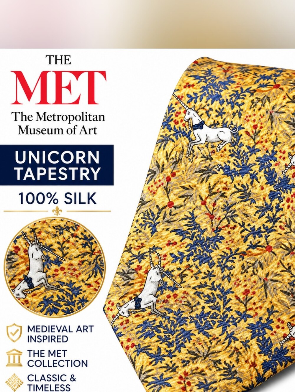The Met Unicorn Tapestry Yellow Silk Tie - Men Accessories